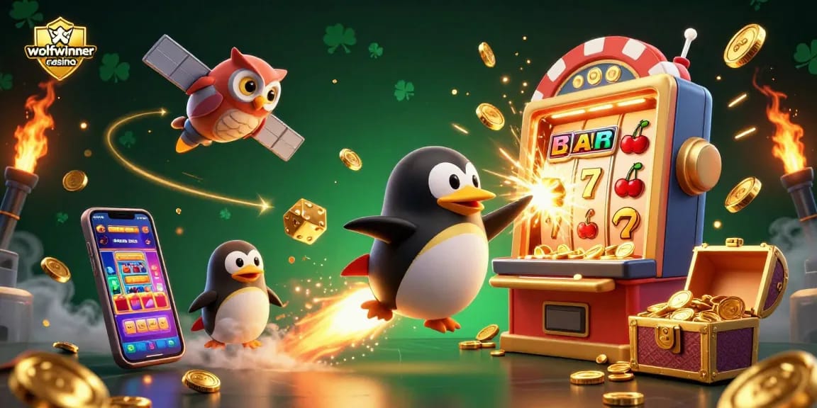 Experience excitement at wolfwinner casino with a penguin in space, amid flying coins and dynamic game elements.