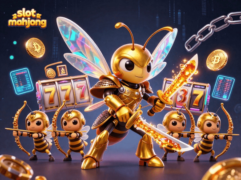 Engage with slot gacor mahjong gameplay as golden hornets and bee archers battle amidst dynamic reels and crypto coins.