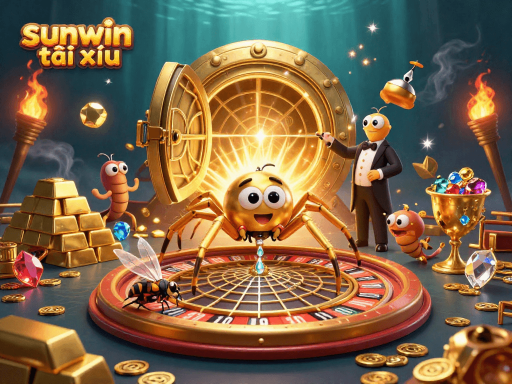 Place your bets and win big with sunwin tài xỉu, featuring a golden roulette web and vibrant treasures!