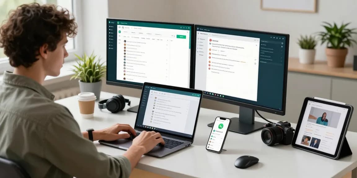 Engaged user operating WhatsApp電腦版 on desktop with dual monitors in a modern workspace.