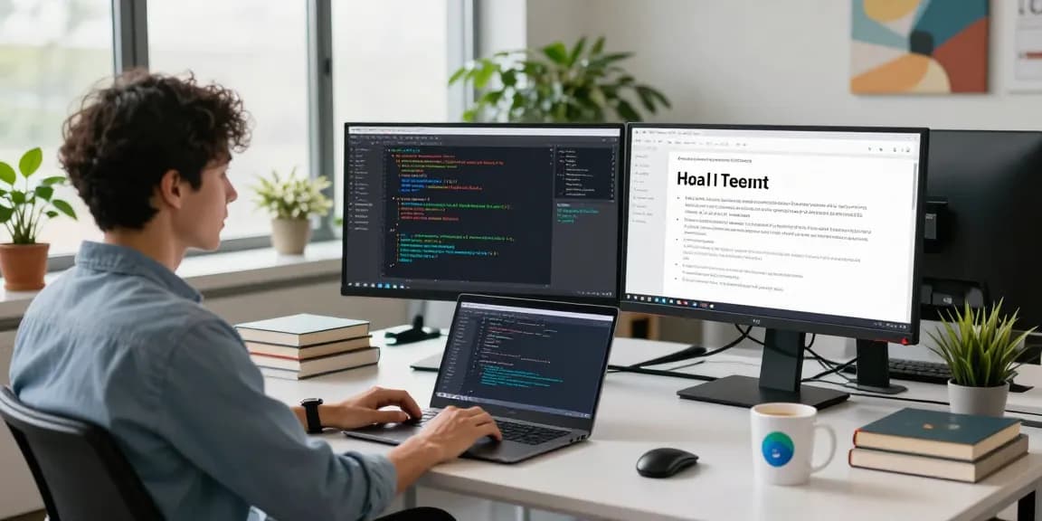 Data scientist demonstrating large language models at a modern tech workspace with multiple monitors, coding, and AI visuals.