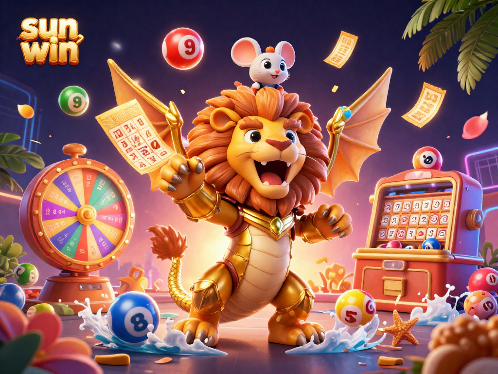 Experience thrilling moments with sun win in this vibrant 3D casino scene featuring exciting lottery elements.