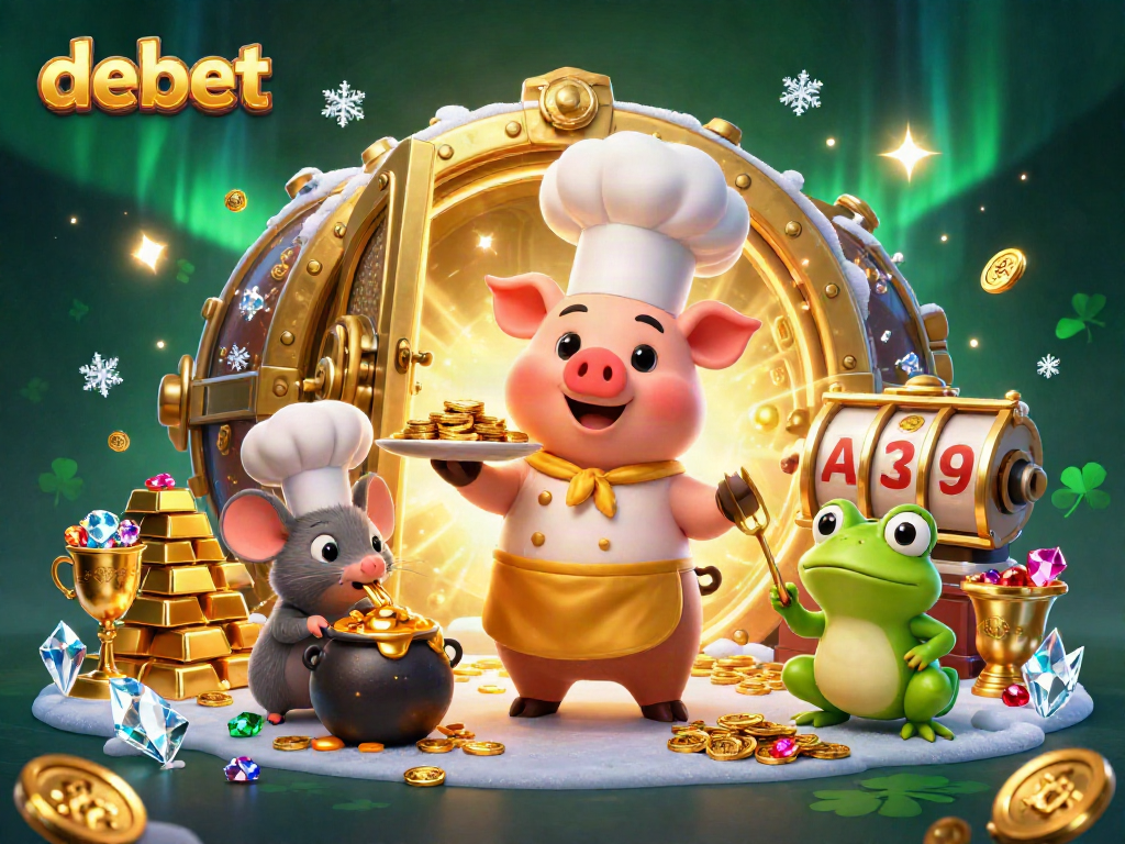 Experience debet gaming excitement with chef pig, mouse, and frog in a dynamic jackpot celebration.