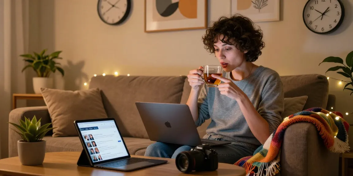 Engaging in sexchat in a cozy setting with a laptop, tea, and warm ambiance