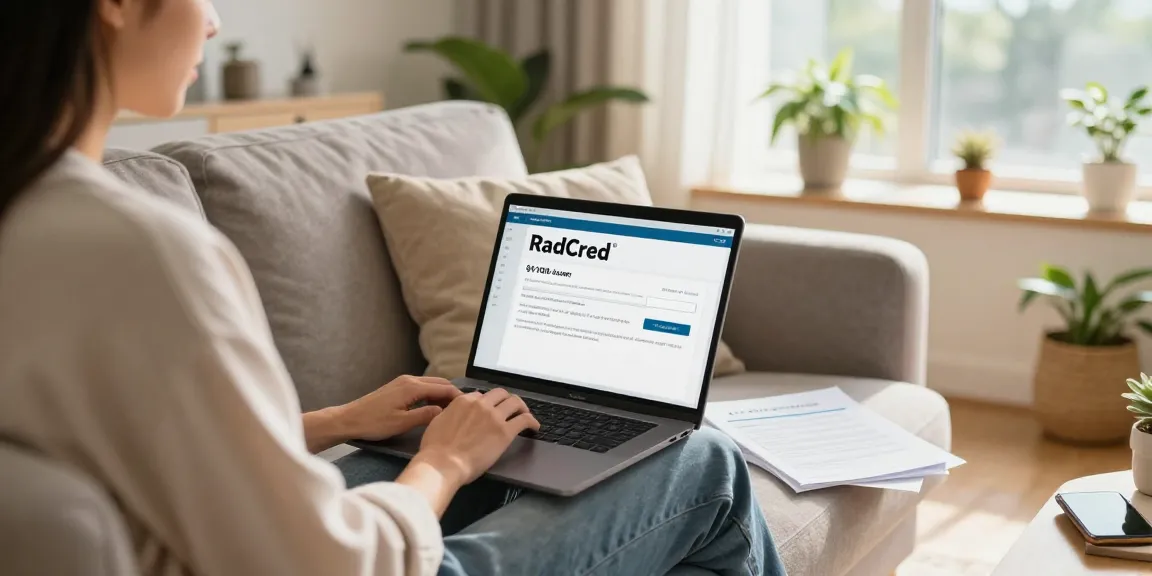 Individual applying for a $100 loan online with RadCred in a cozy living room.