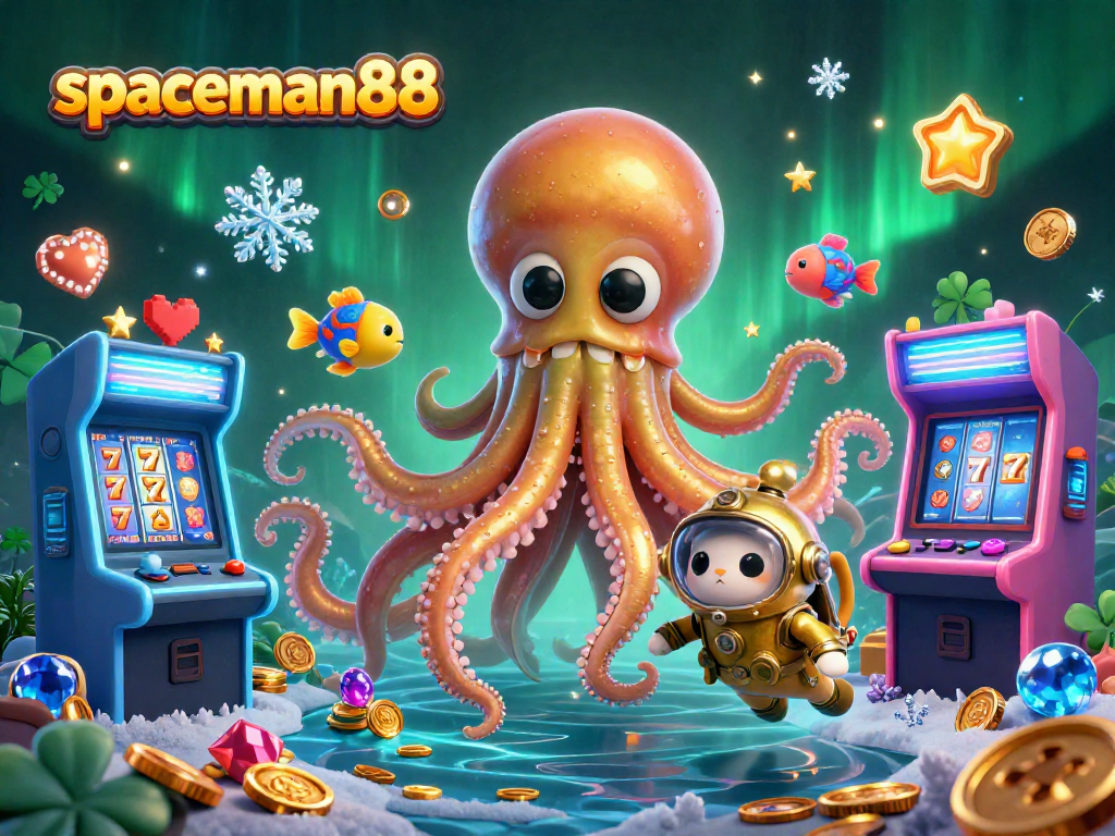 Spin and win at spaceman88 with a vibrant 3D underwater casino scene featuring a kraken, diving cat, and glowing coins.