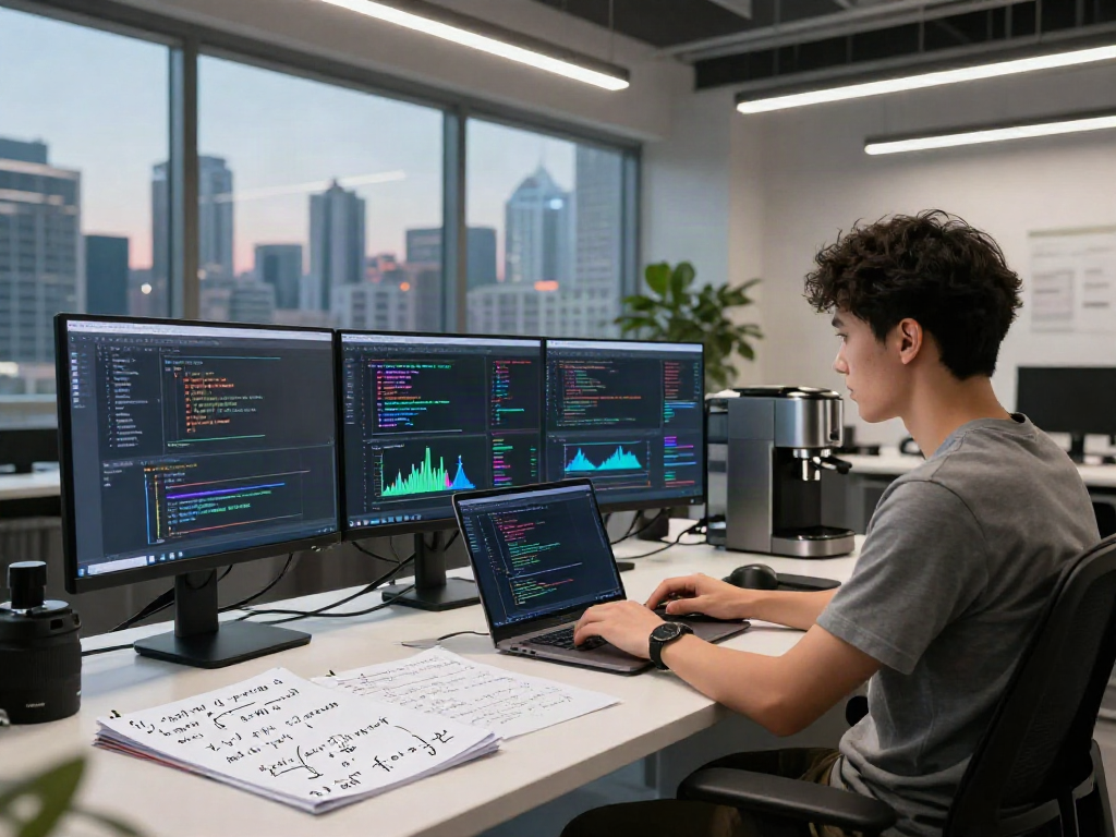 Creating spicy AI algorithms in a modern tech workspace, showcasing productivity and innovation.