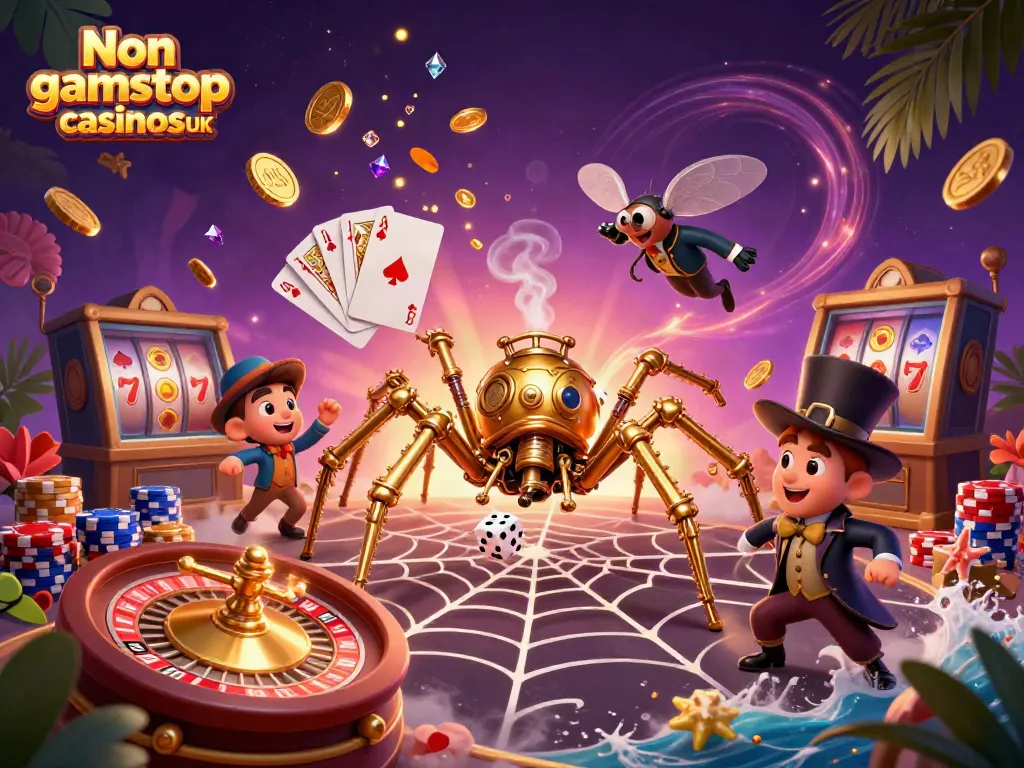 Experience the thrill of Non gamstop casinos UK with golden spider, coins, and playful dice.