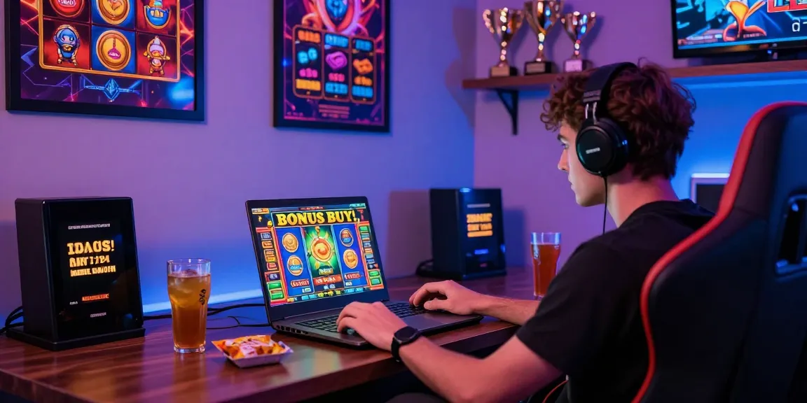 Engaged player enjoying Bonus Buy Slots at https://stargazyinn.co.uk online casino, vibrant gaming atmosphere.