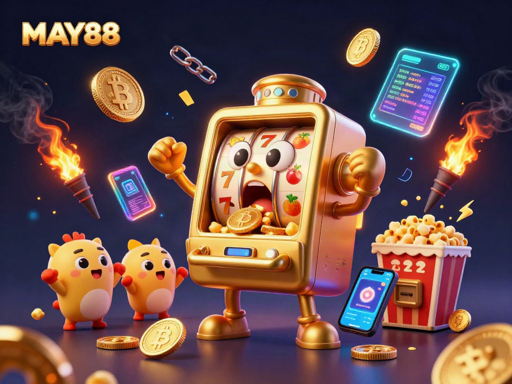 MAY88 showcases a golden slot machine celebrating its jackpot amidst vibrant casino elements and cryptocurrency icons.