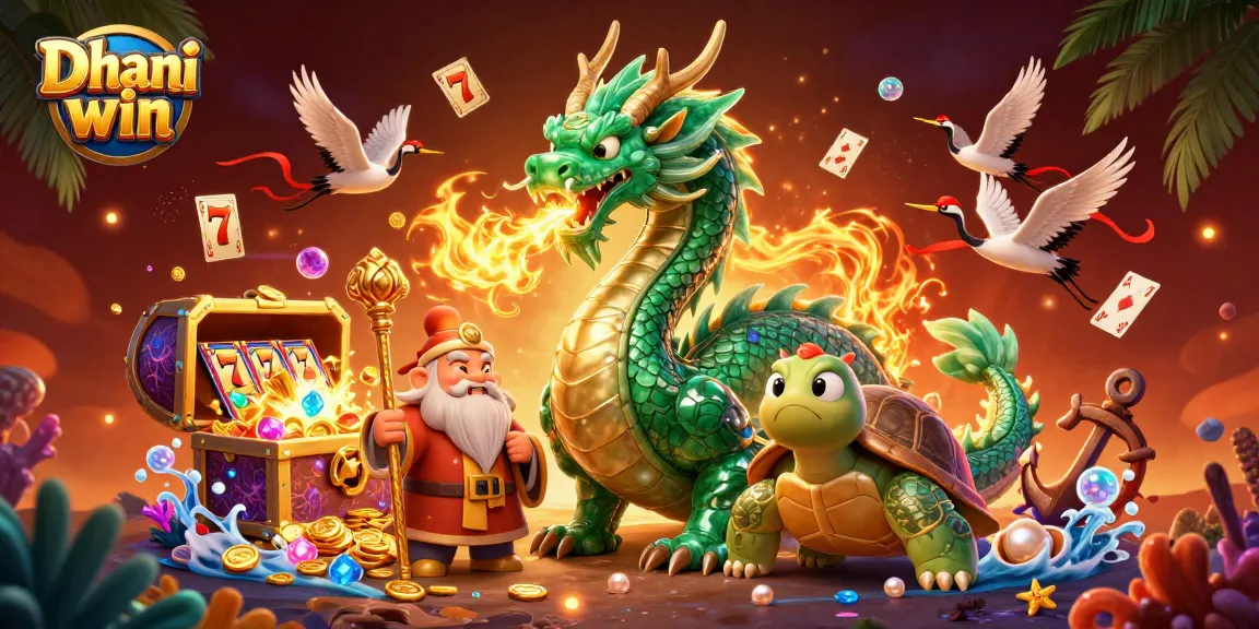 Dhani win showcases an emerald dragon and wise turtle in a vibrant casino scene filled with slot elements and treasure.
