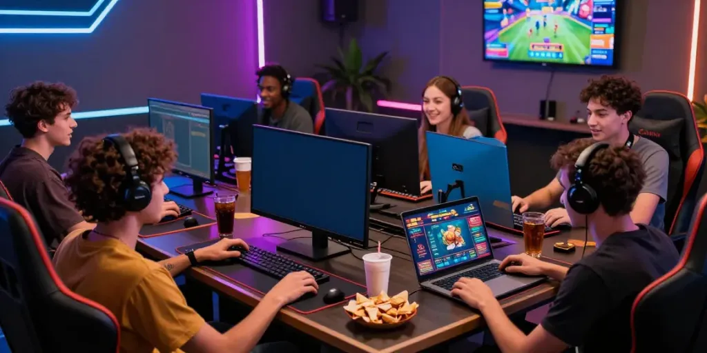 Friends enjoying online gaming at credit card casino sites in a lively atmosphere.