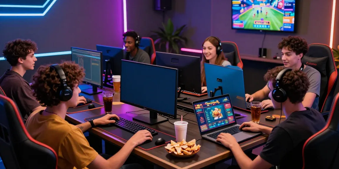Friends enjoying online gaming at credit card casino sites in a lively atmosphere.