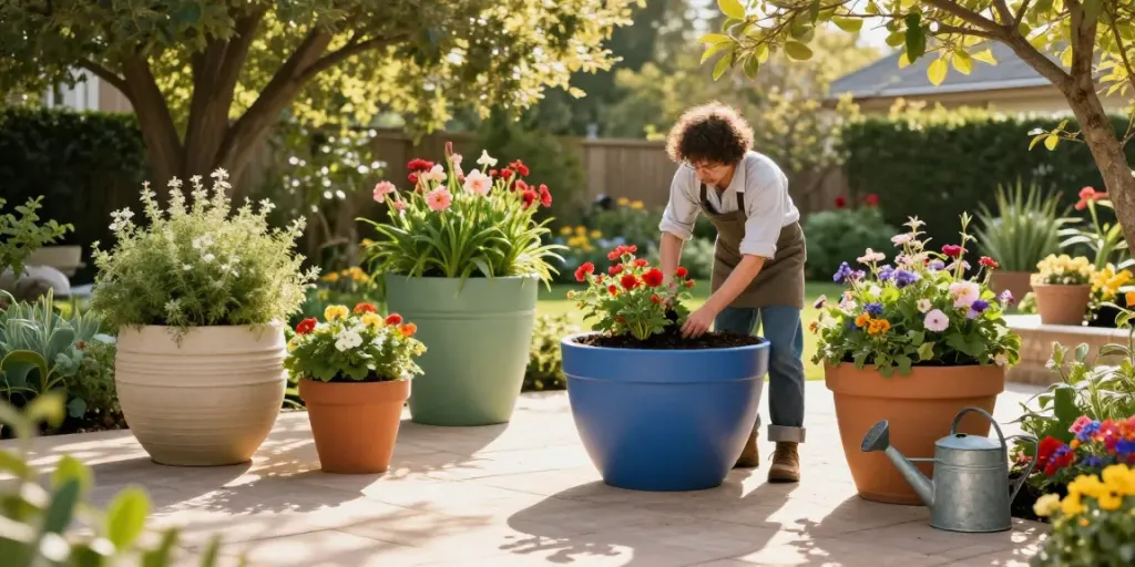 Extra large outdoor planters in a vibrant garden scene with a gardener planting flowers.