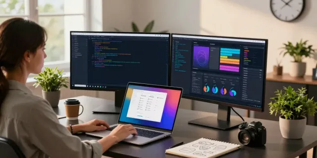 Female developer coding in a modern workspace, illustrating instant indexing process in web development.