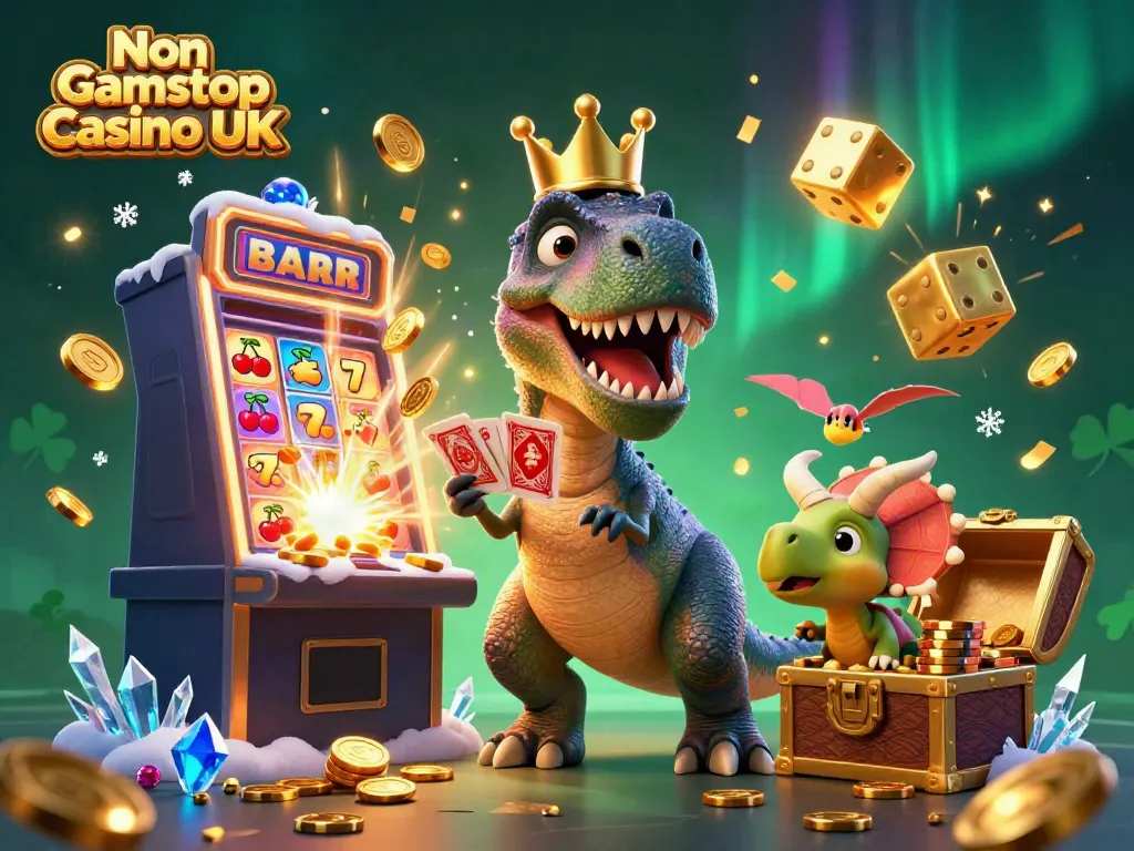 Engaging scene of Non Gamstop Casino UK with T-Rex shuffling cards, pterodactyl assisting, and triceratops stacking chips.