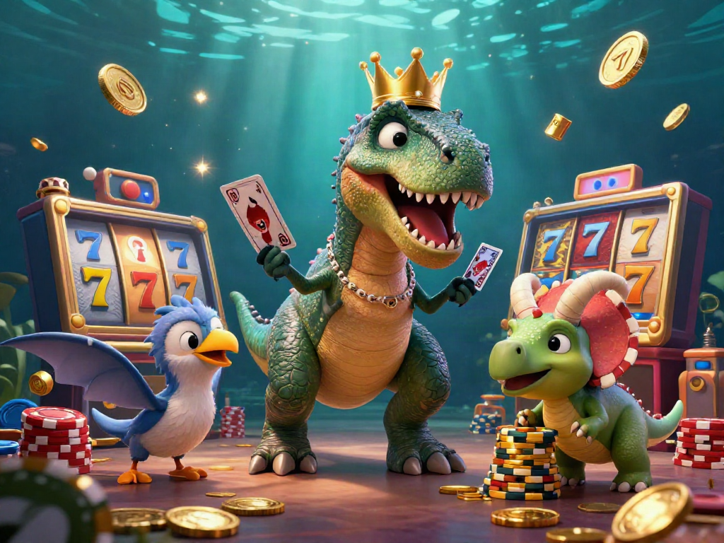 Experience the excitement of TK88 with a friendly T-Rex and friends in a vibrant casino setting.