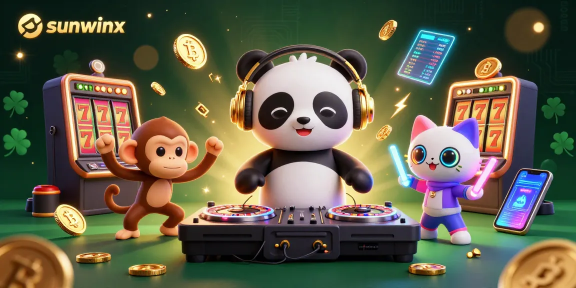 Win with sunwinx at a vibrant casino party featuring a DJ panda, monkey, and kitten.
