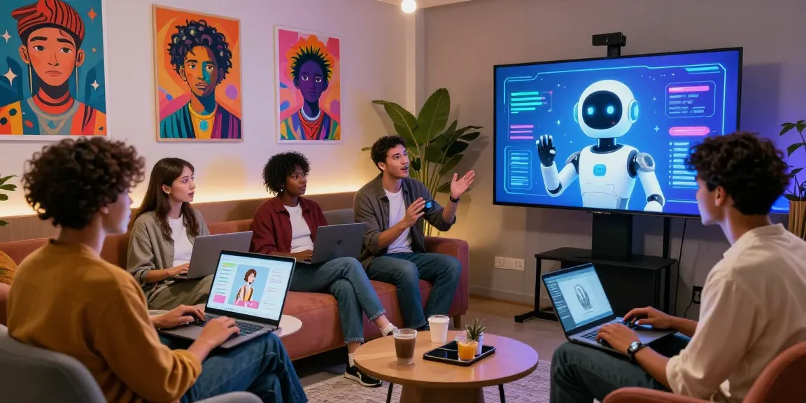 Young adults engaging with ai 18+ chatbots and digital art in a modern lounge.