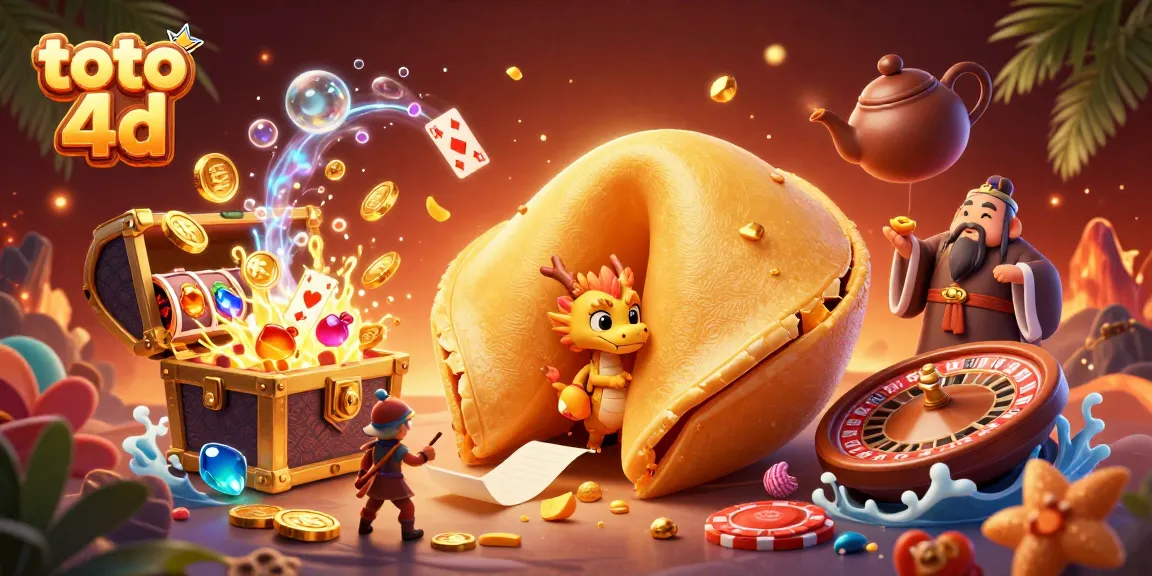 Engage with toto 4d lottery excitement through vivid 3D illustration of fortune cookie and casino elements.