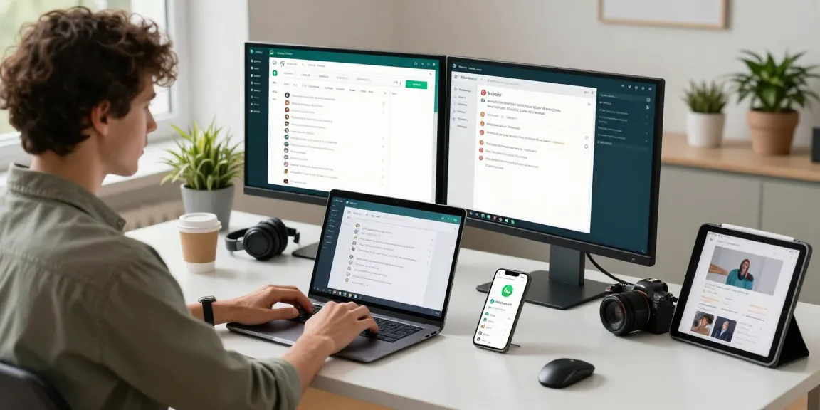 Engaged user operating WhatsApp電腦版 on desktop with dual monitors in a modern workspace.