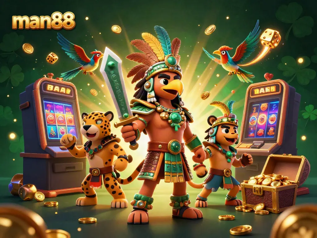 Experience the vibrant thrill of man88's casino with immersive 3D illustrations of games and characters.
