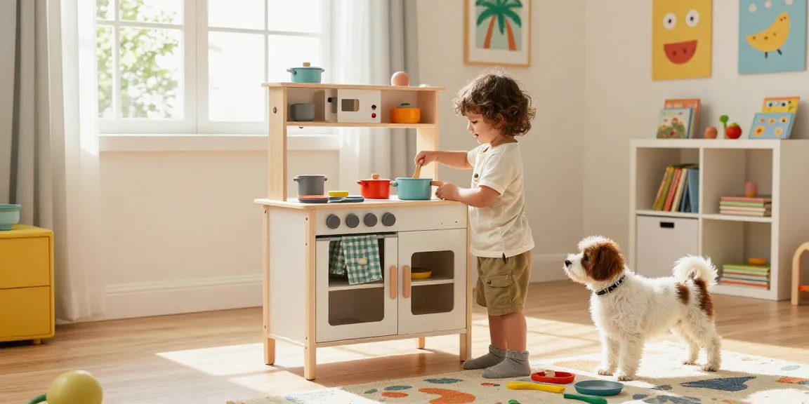 Child joyfully playing with a wooden kitchen set in a bright playroom.