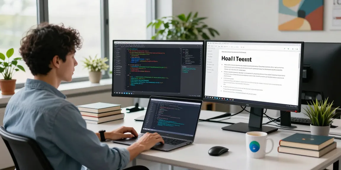 Data scientist demonstrating large language models at a modern tech workspace with multiple monitors, coding, and AI visuals.