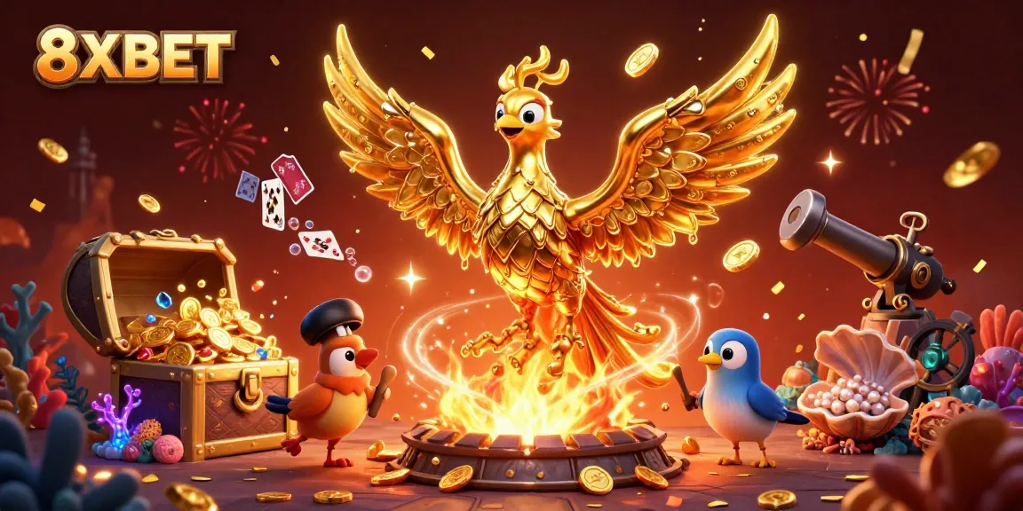 Experience thrilling gameplay and golden wins with 8XBET's vibrant casino illustration filled with excitement.