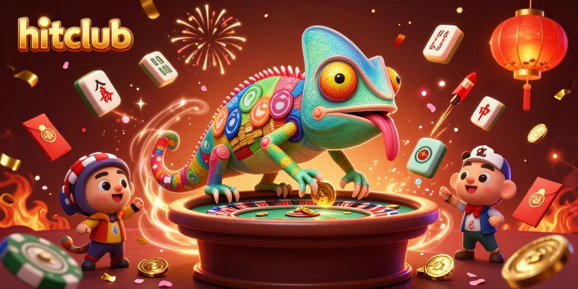 Hitclub's vibrant 3D casino world features a chameleon owner amid dynamic gaming elements.